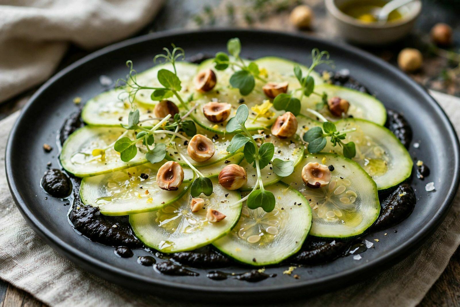 Carpaccio de Courgette, Alho Negro Fermentado e Avelãs