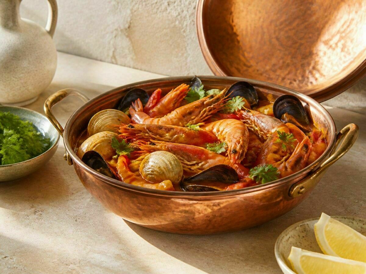 Cataplana de marisco clássica com camarão e amêijoas