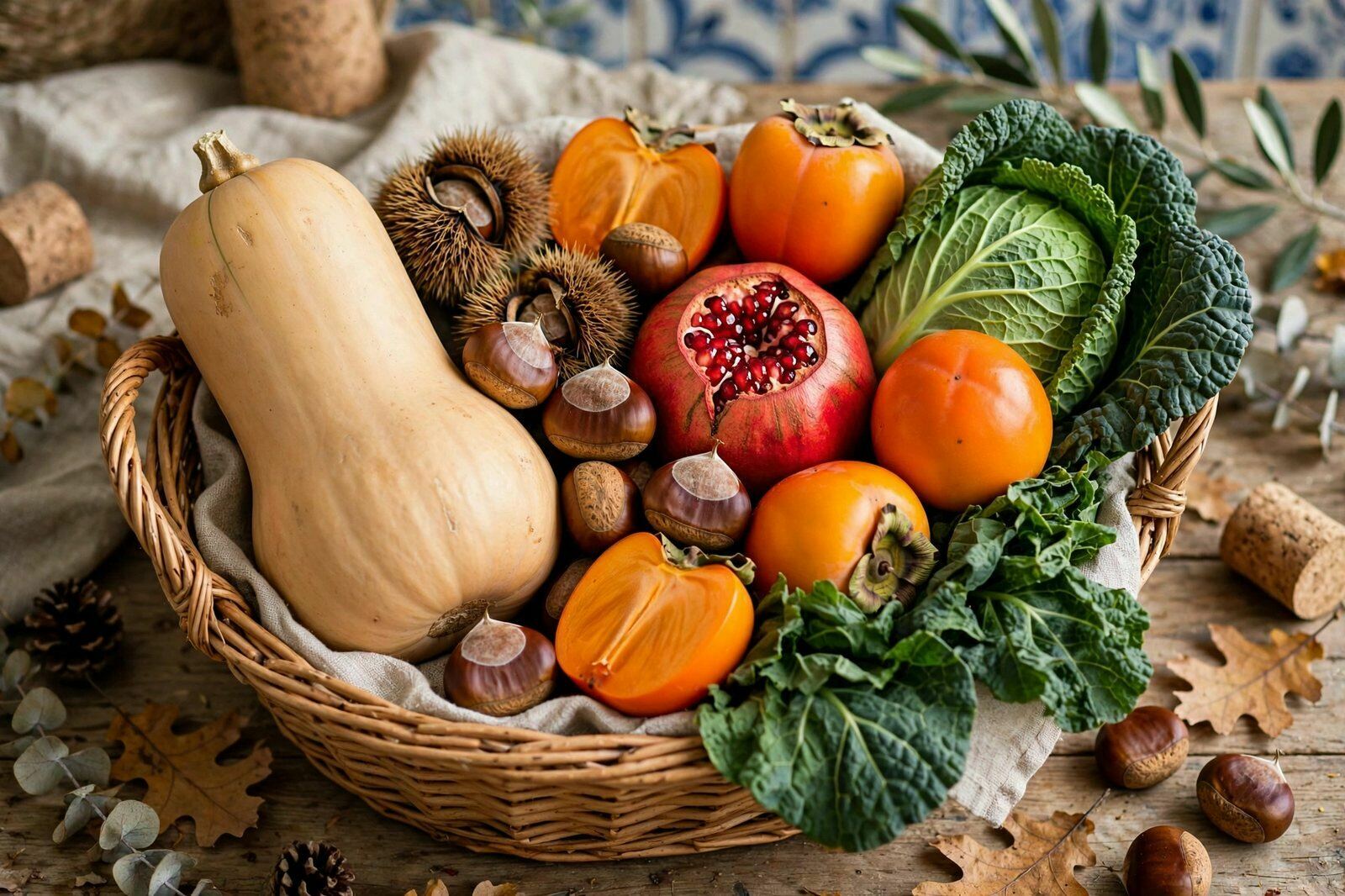 Cesto com produtos de outono portugueses: abóbora, castanha, dióspiro e romã