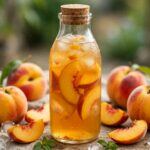 Garrafa de chá frio de pêssego caseiro com fatias de fruta