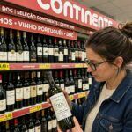 Corredor de vinhos num supermercado português com dezenas de garrafas
