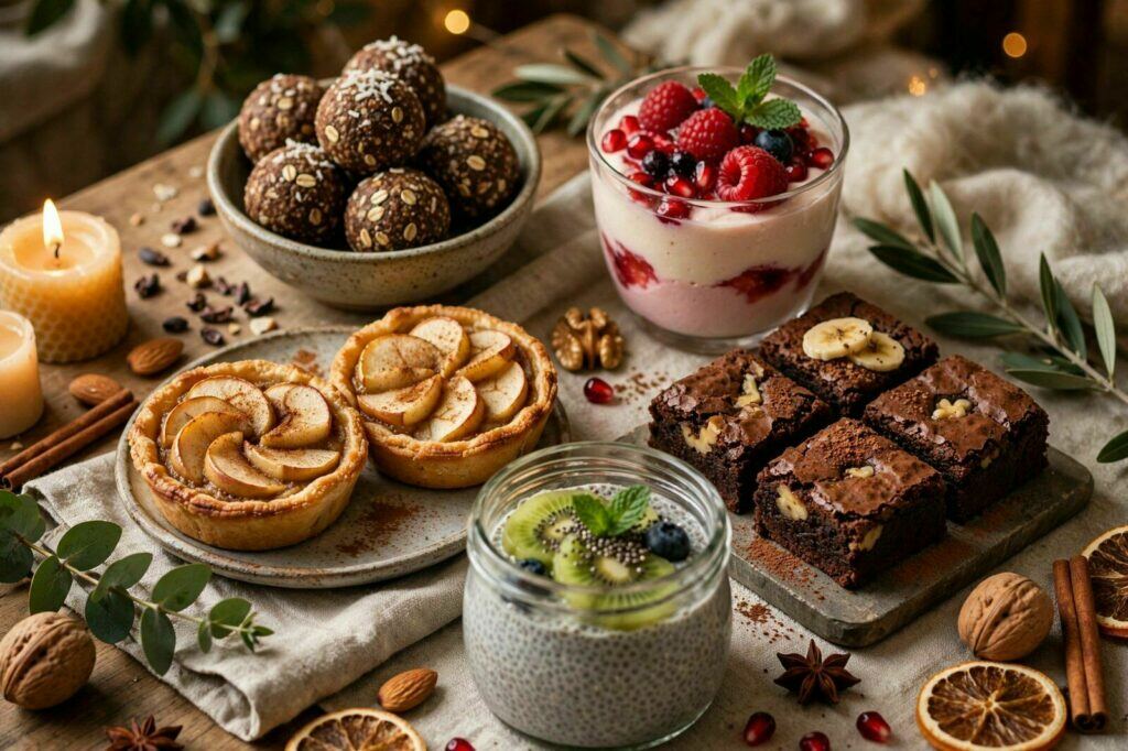 Detalhe de texturas de doces saudáveis: cremoso, crocante e com fruta