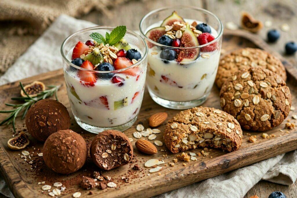 Copos de iogurte com fruta, trufas de chocolate e bolachas de aveia numa tábua de madeira