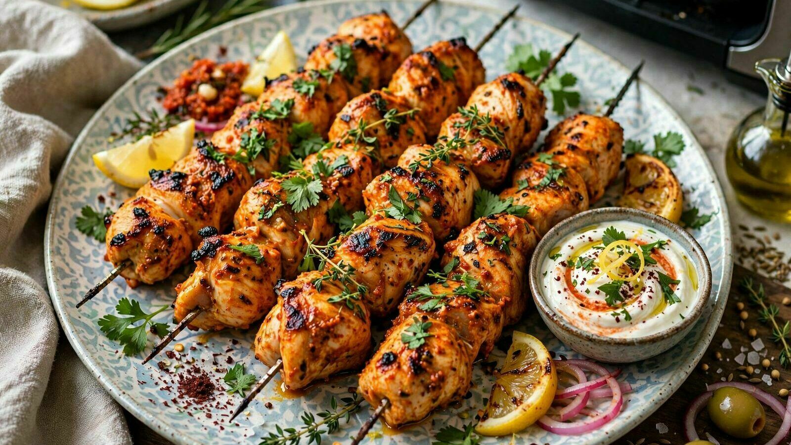 Espetada de Frango com Iogurte, Limão e Harissa na Airfryer