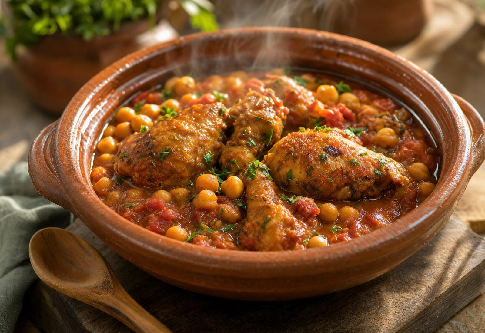 Frango estufado com grão de bico e tomate maduro numa panela