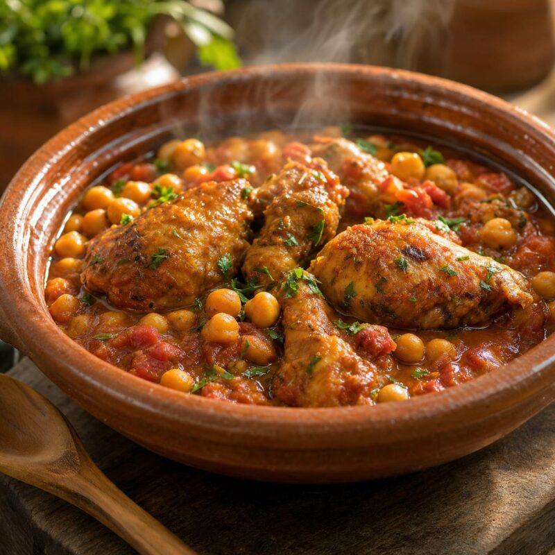 Frango estufado com grão de bico e tomate maduro numa panela