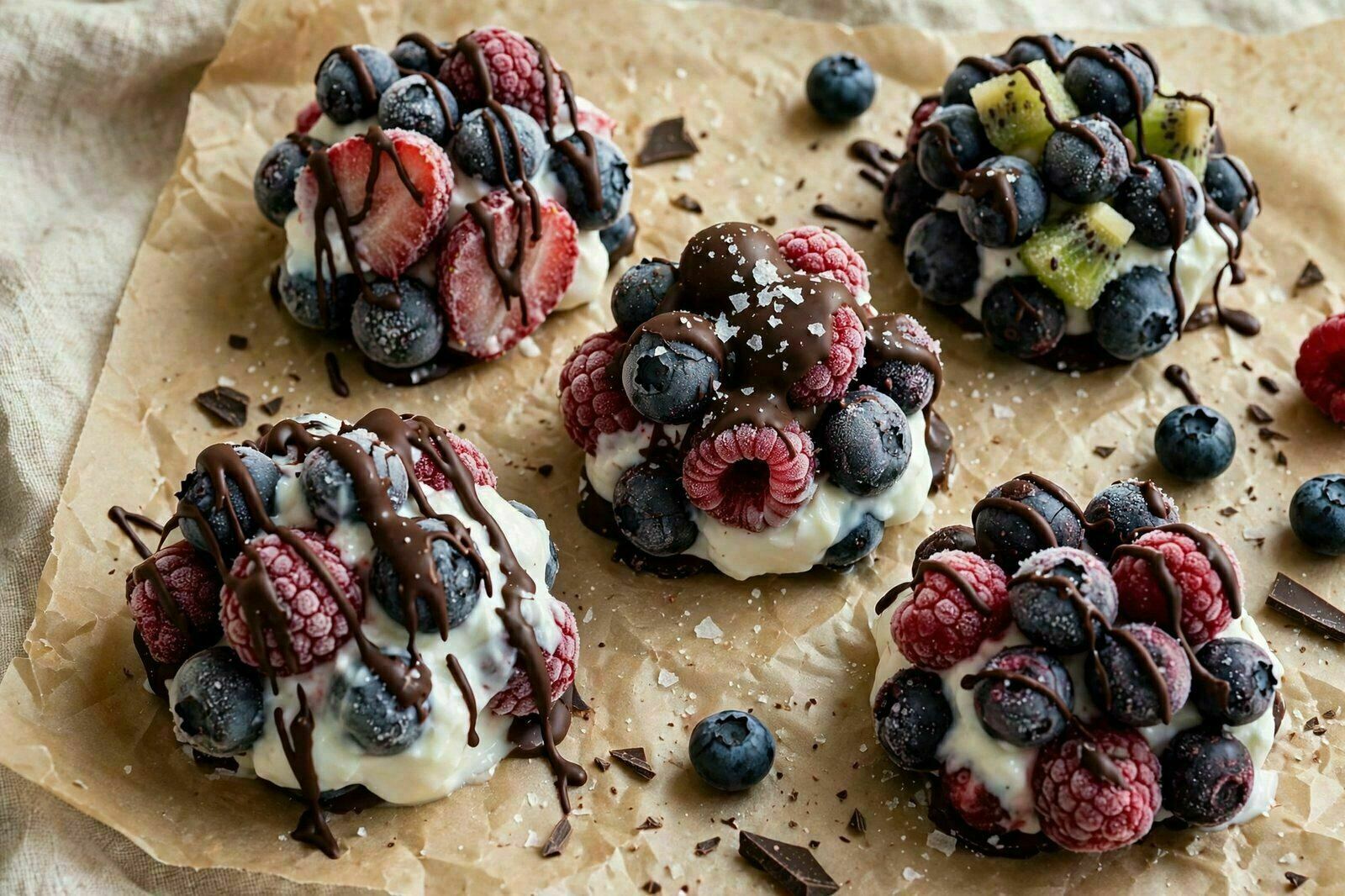 Frozen Fruit Clusters com Iogurte Grego e Chocolate Negro