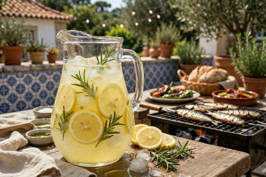 Jarro de limonada com alecrim e limão junto a um churrasco