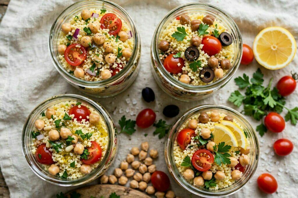 Marmita fria de couscous com grão-de-bico e tomate cherry num frasco