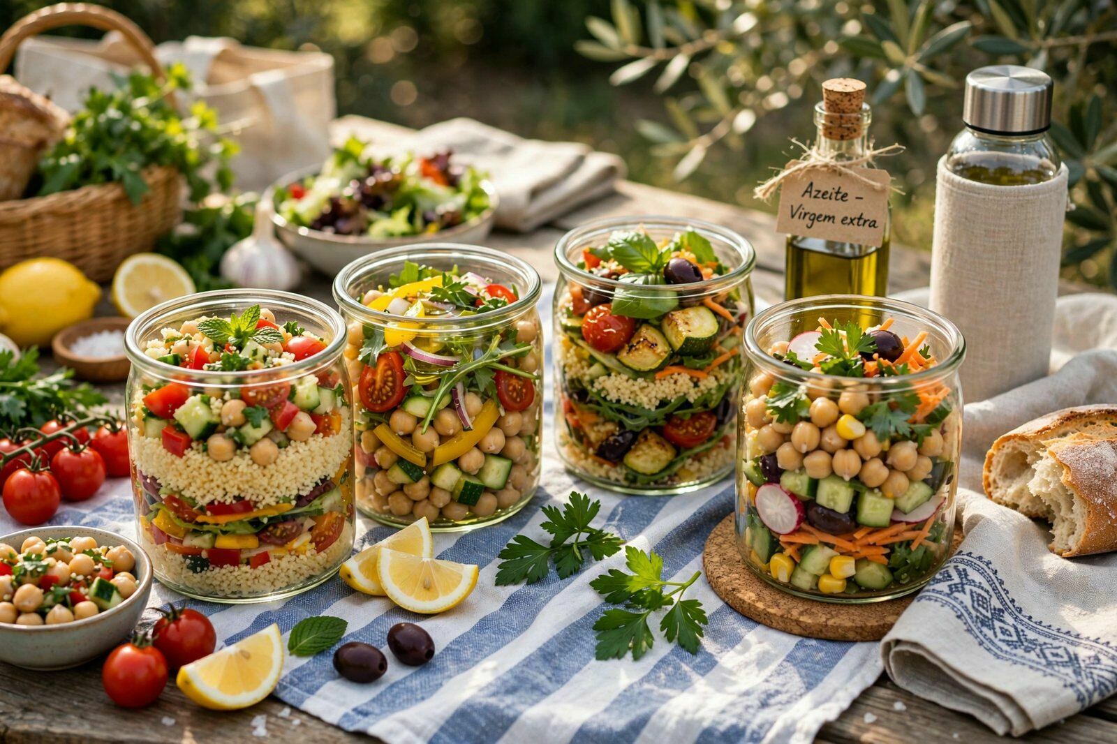 Marmitas frias em frascos de vidro com leguminosas, tomate e legumes crus