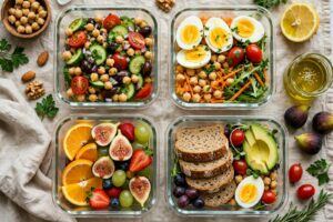 Caixas de meal prep semanal com frango, arroz e legumes