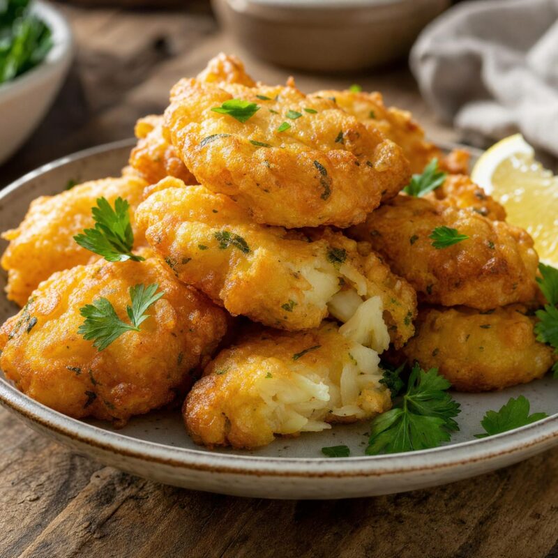 Pataniscas de bacalhau leves fritas em frigideira antiaderente