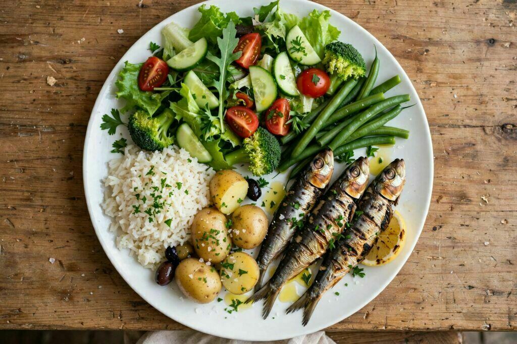 Prato branco com metade de hortícolas, um quarto de sardinha e um quarto de arroz e batata