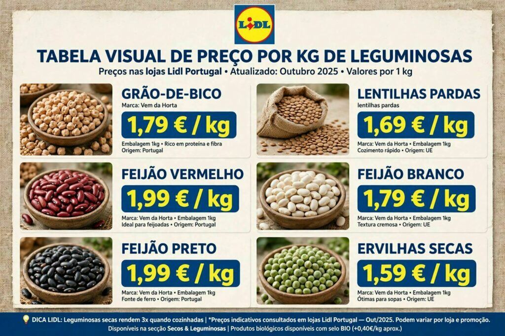 Leguminosas em conserva e secas dispostas para comparação de preço