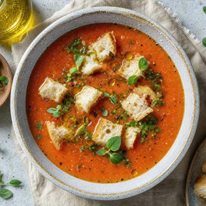 Sopa fria de tomate e pimento com cubos de pão alentejano e orégãos