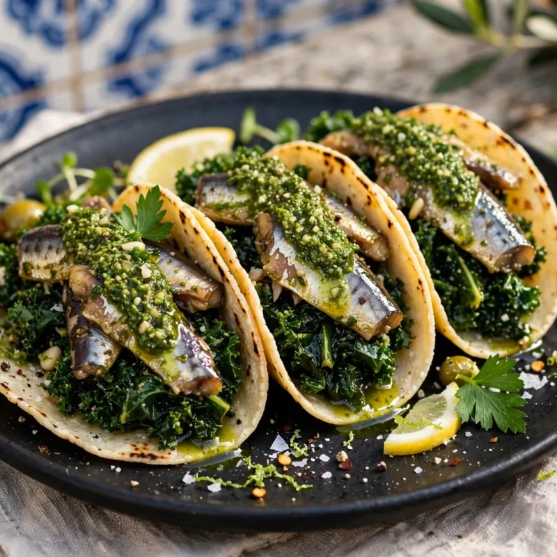 Tacos de couve galega com sardinha marinada e pesto de salsa