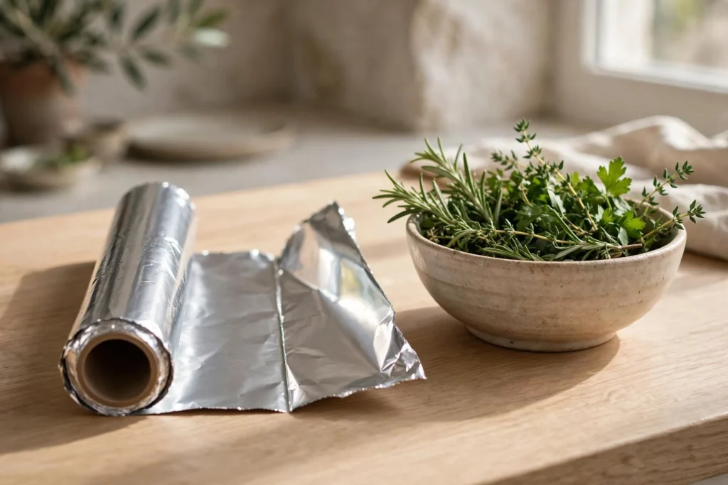 Rouleau de papier aluminium et herbes fraîches sur une table de cuisine