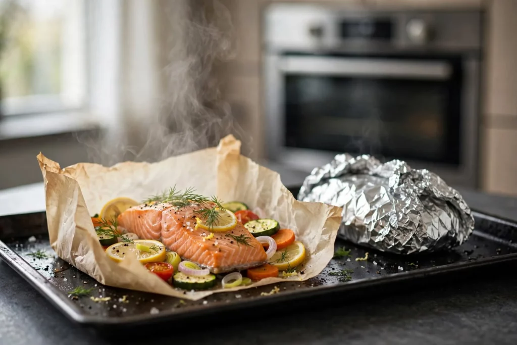 Saumon et légumes cuits en papillote de papier cuisson au four