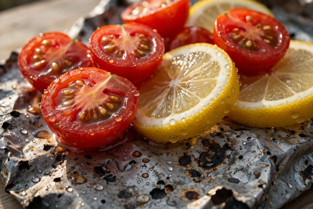 Tomates et citron en contact avec une feuille de papier aluminium